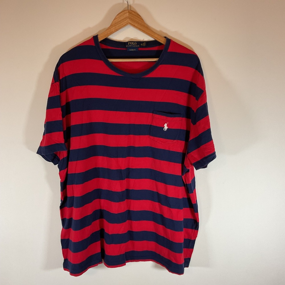 Polo Ralph Lauren XXL Mens Red Navy Blue Striped Pocket T-Shirt Classic Fit